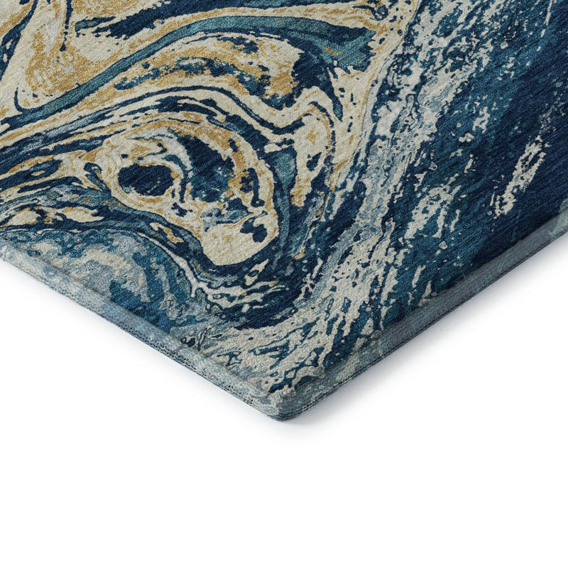 10' X 14' Navy Blue Gold And White Abstract Washable Area Rug With UV Protection