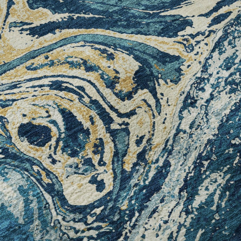 10' X 14' Navy Blue Gold And White Abstract Washable Area Rug With UV Protection