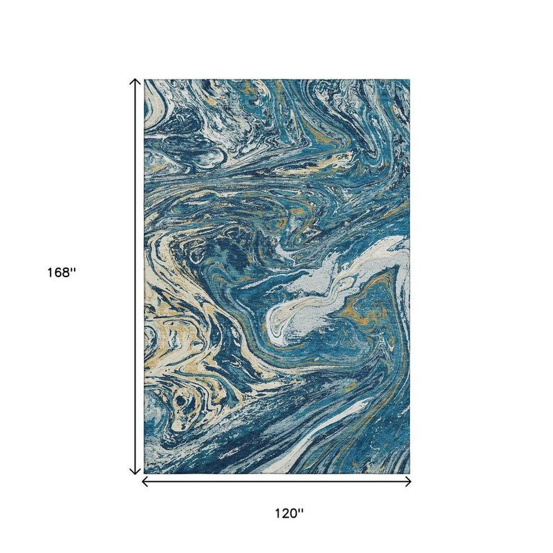 10' X 14' Navy Blue Gold And White Abstract Washable Area Rug With UV Protection