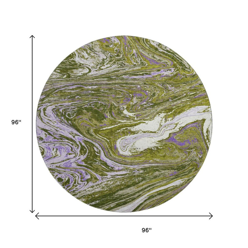 8' Olive Green Purple And Ivory Abstract Washable Round Rug With UV Protection