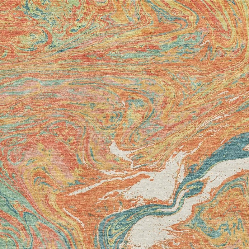 5' X 8' Orange Teal And Sage Abstract Washable Area Rug With UV Protection