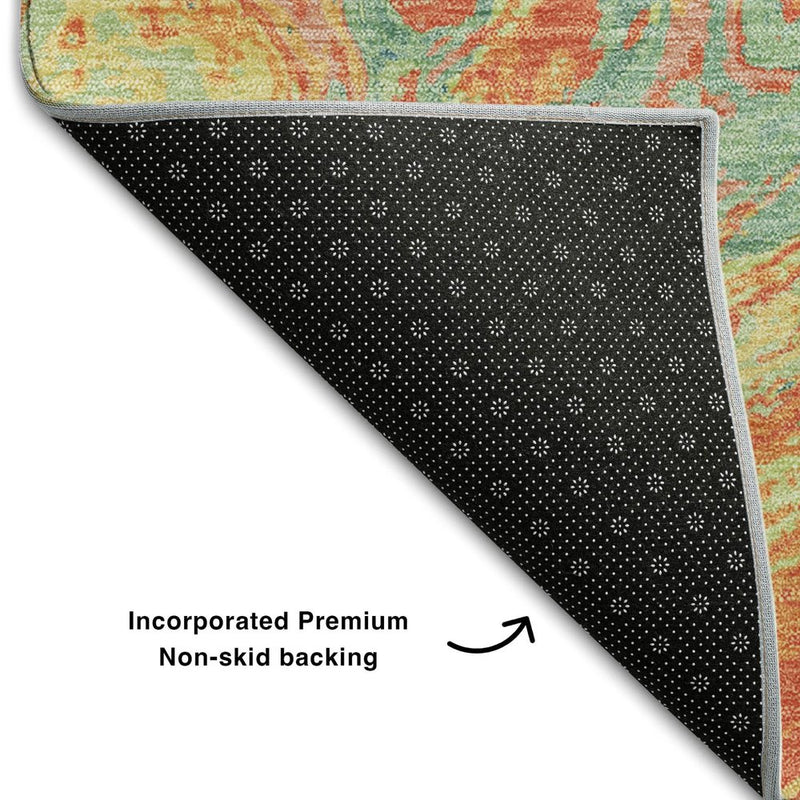 9' X 12' Orange Teal And Sage Abstract Washable Area Rug With UV Protection