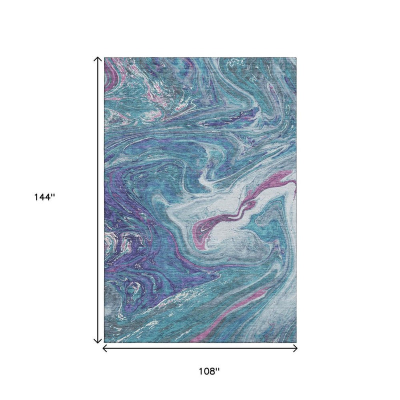 9' X 12' Teal Purple And Ivory Abstract Washable Area Rug With UV Protection