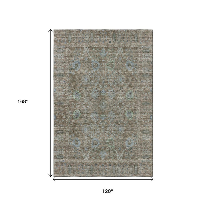 10' X 14' Brown And Blue Oriental Washable Area Rug With UV Protection