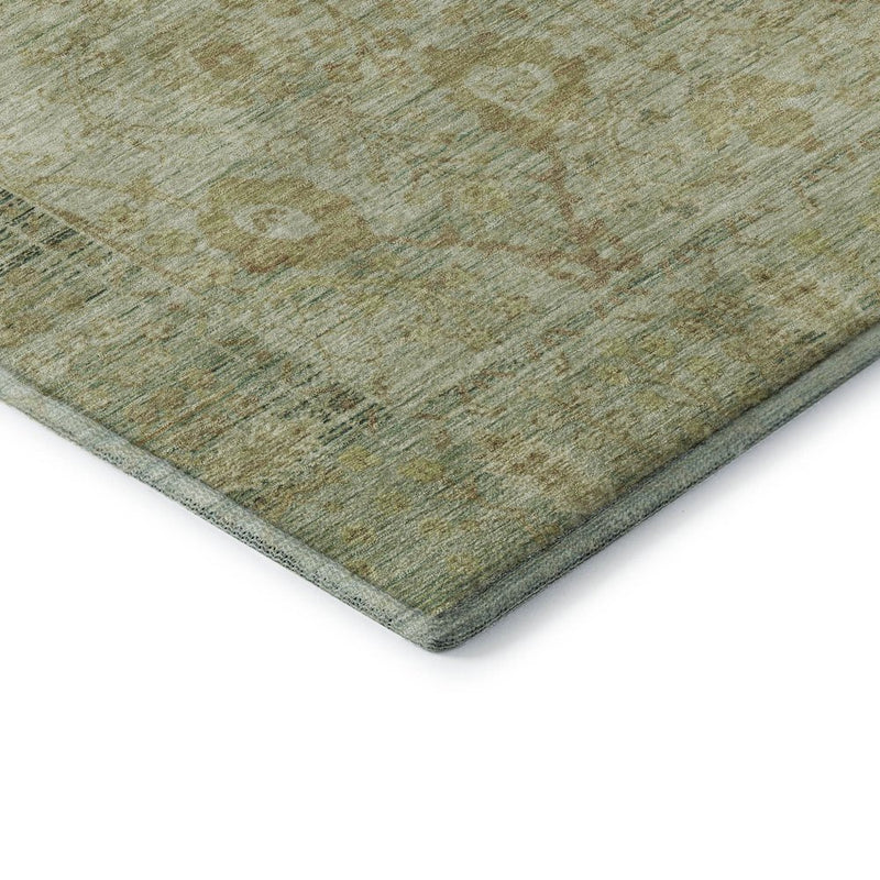 8' Sage Gray And Gold Oriental Washable Round Rug With UV Protection