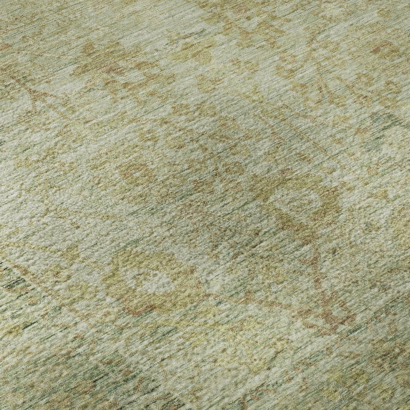 8' Sage Gray And Gold Oriental Washable Round Rug With UV Protection