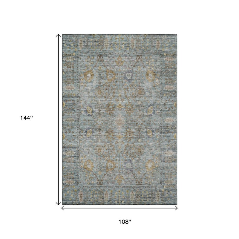 9' X 12' Teal And Brown Oriental Washable Area Rug With UV Protection