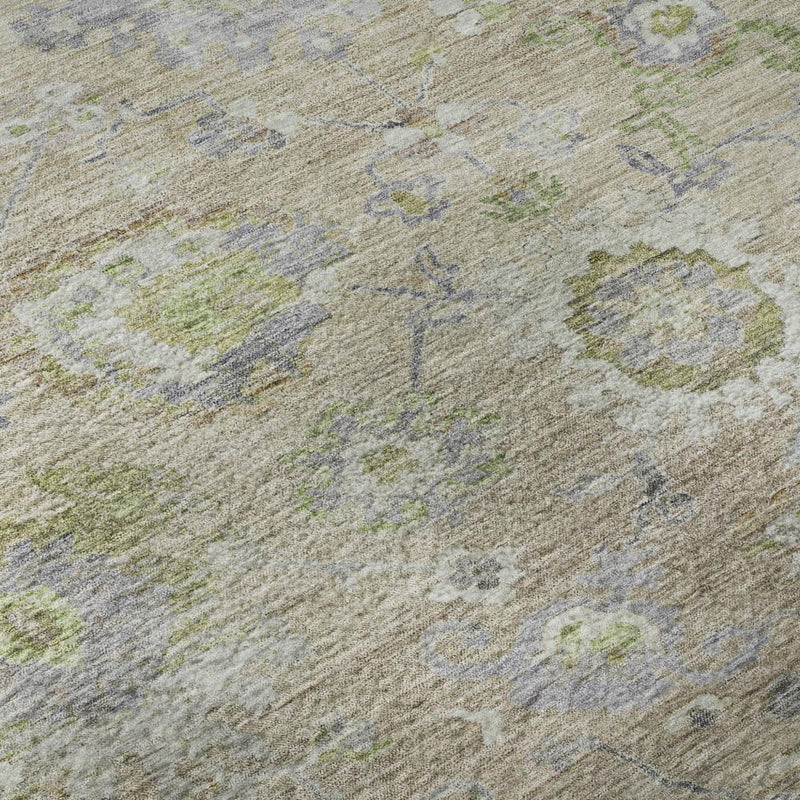 8' Beige Green And Blue Floral Washable Round Rug With UV Protection
