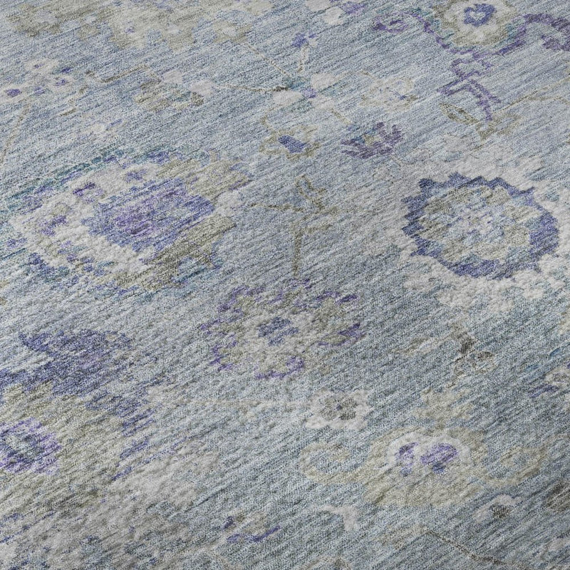 8' Sky Blue Beige And Purple Floral Washable Round Rug With UV Protection
