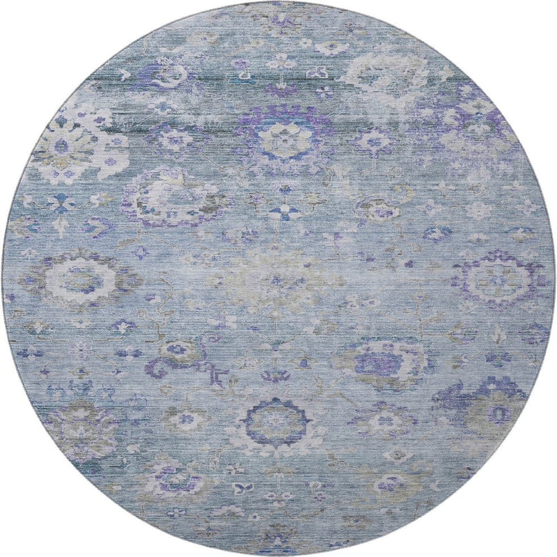 8' Sky Blue Beige And Purple Floral Washable Round Rug With UV Protection