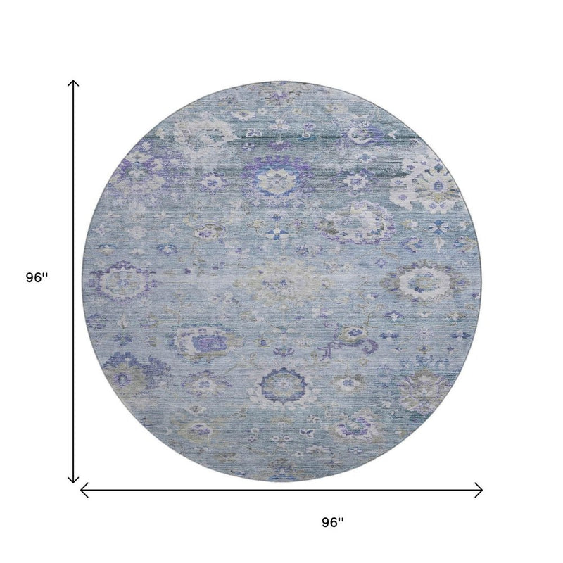 8' Sky Blue Beige And Purple Floral Washable Round Rug With UV Protection