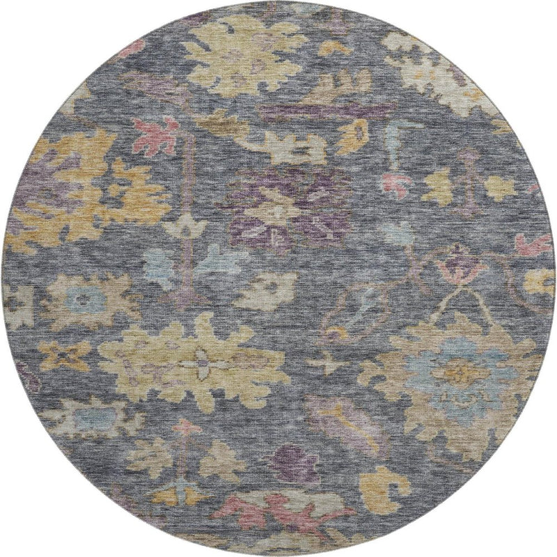 8' Blue Gold And Coral Floral Washable Round Rug With UV Protection