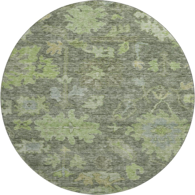 8' Fern Green And Gray Floral Washable Round Rug With UV Protection