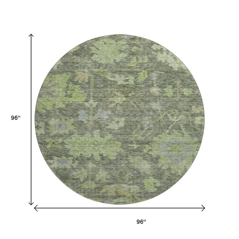 8' Fern Green And Gray Floral Washable Round Rug With UV Protection