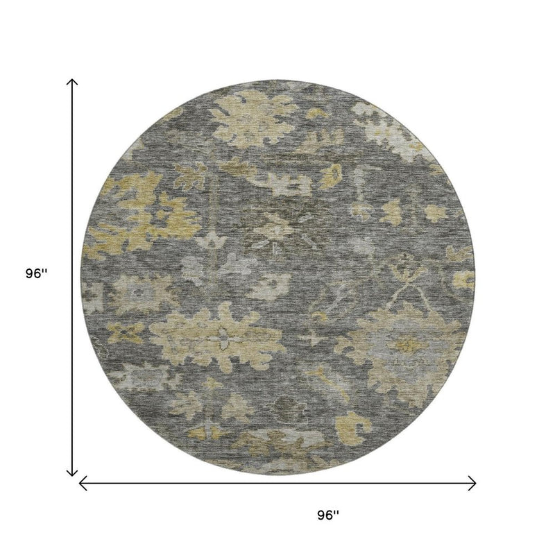 8' Gray Gold And Beige Floral Washable Round Rug With UV Protection