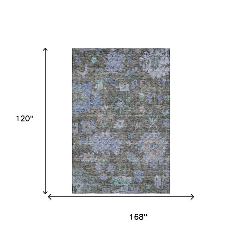 10' X 14' Taupe Blue And Brown Floral Washable Area Rug With UV Protection