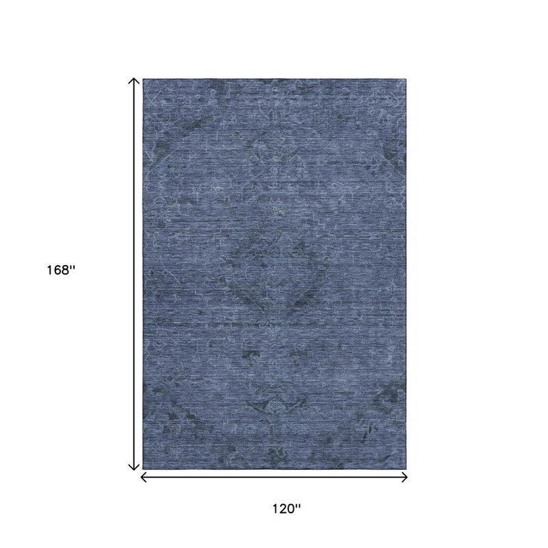 10' X 14' Navy Blue And Gray Medallion Washable Area Rug With UV Protection