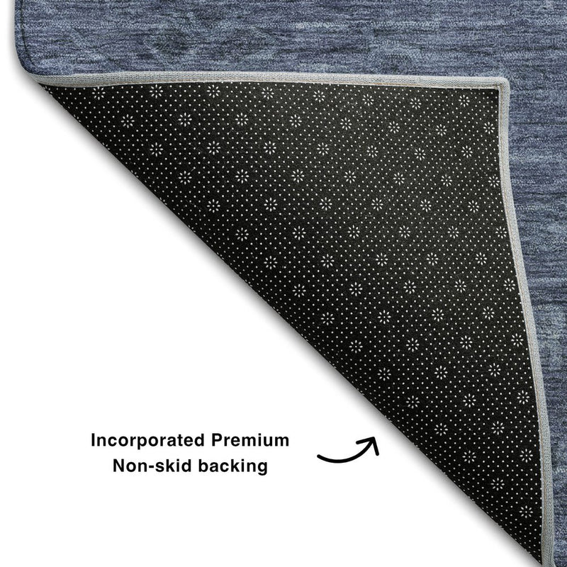 10' X 14' Navy Blue And Gray Medallion Washable Area Rug With UV Protection