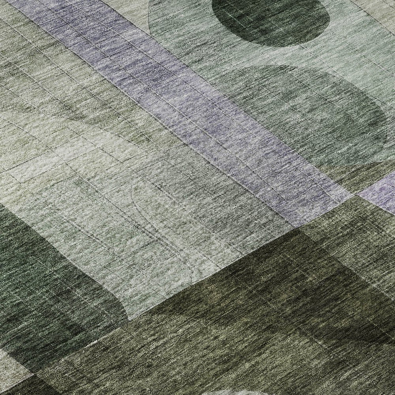 9' X 12' Olive Green Purple And Brown Geometric Washable Area Rug With UV Protection