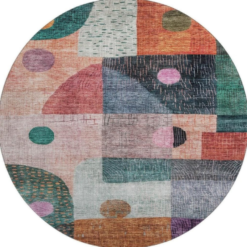 8' Orange Teal And Purple Geometric Washable Round Rug With UV Protection