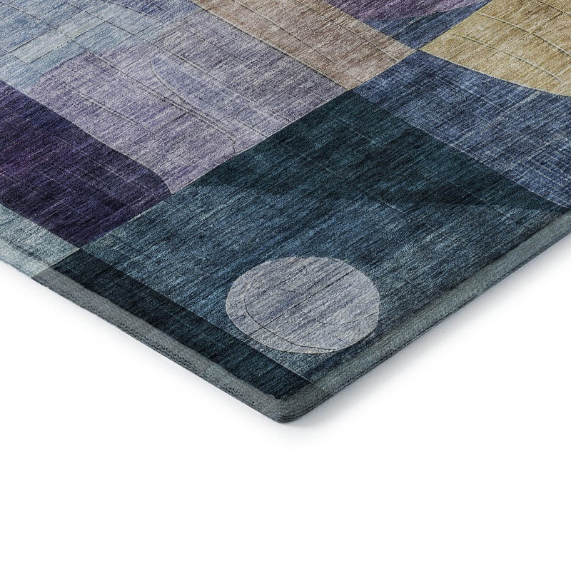 8' Blue Gold And Purple Abstract Geometric Washable Round Rug With UV Protection