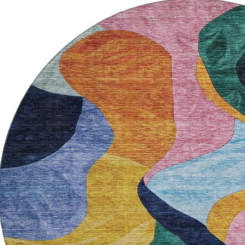 8' Green Orange Teal And Pink Abstract Washable Round Rug With UV Protection