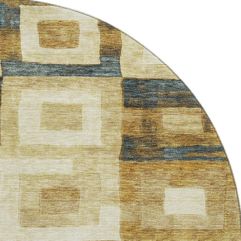8' Beige Teal And Gold Geometric Washable Round Rug With UV Protection