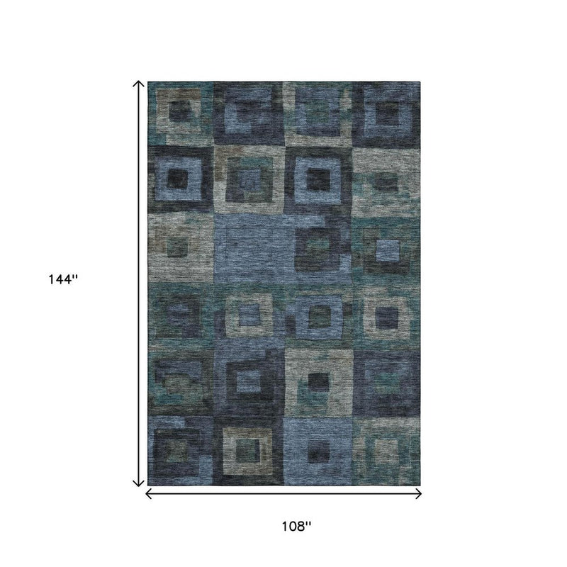 9' X 12' Blue And Green Geometric Washable Area Rug With UV Protection