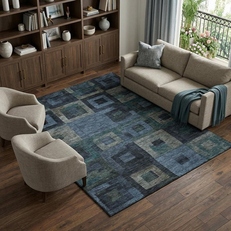 9' X 12' Blue And Green Geometric Washable Area Rug With UV Protection