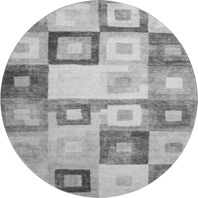 8' Gray And Silver Geometric Washable Round Rug With UV Protection