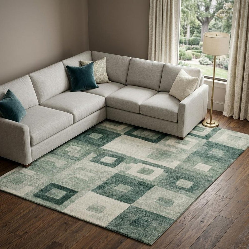 8' X 10' Green And Ivory Geometric Washable Area Rug With UV Protection
