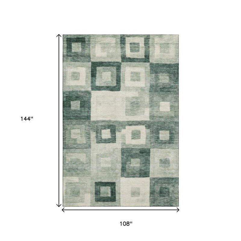 9' X 12' Green And Ivory Geometric Washable Area Rug With UV Protection