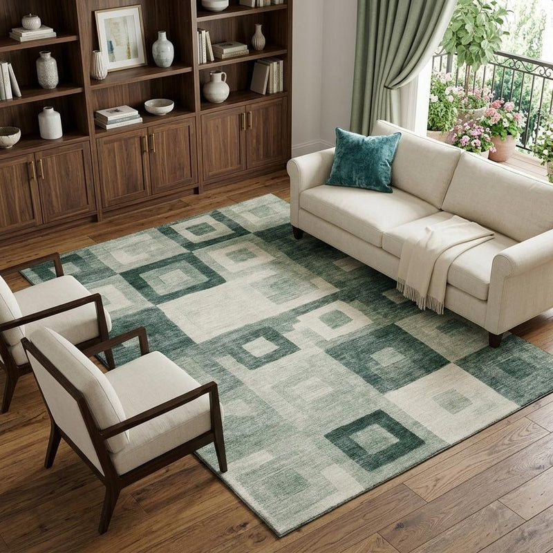 9' X 12' Green And Ivory Geometric Washable Area Rug With UV Protection