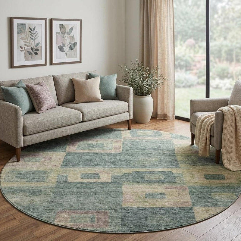8' Sage Beige And Taupe Geometric Washable Round Rug With UV Protection
