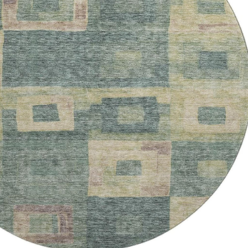 8' Sage Beige And Taupe Geometric Washable Round Rug With UV Protection