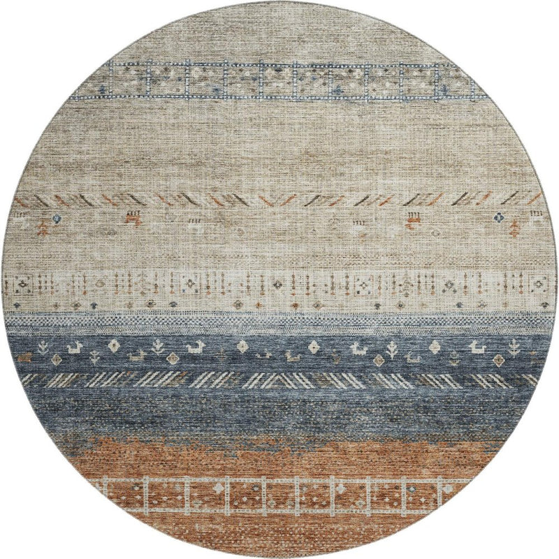 8' Brown Beige And Navy Blue Geometric Washable Round Rug With UV Protection