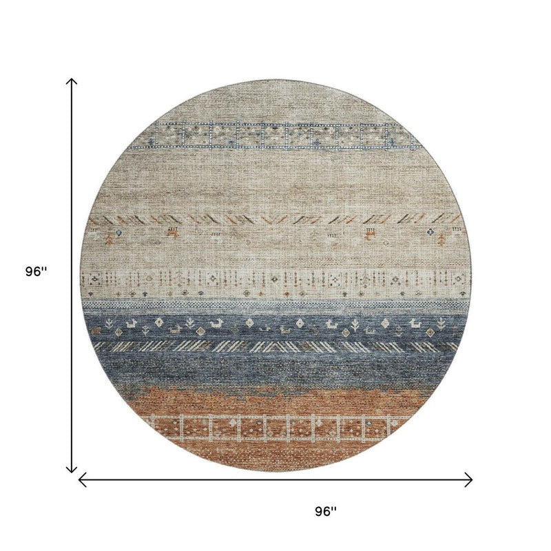8' Brown Beige And Navy Blue Geometric Washable Round Rug With UV Protection