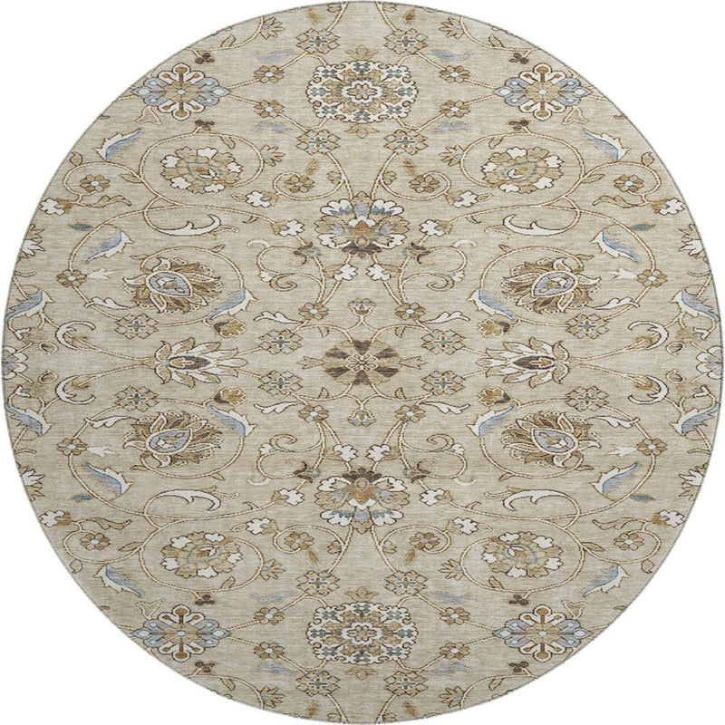 8' Beige Gray And Ivory Moroccan Washable Round Rug With UV Protection