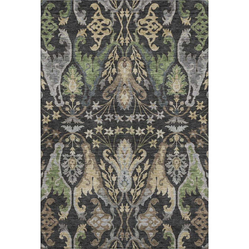 8' X 10' Black Olive Green And Gray Floral Washable Area Rug With UV Protection