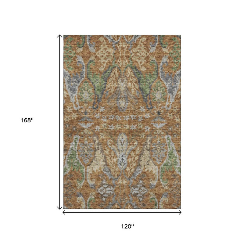 10' X 14' Copper Gray And Olive Green Floral Washable Area Rug With UV Protection