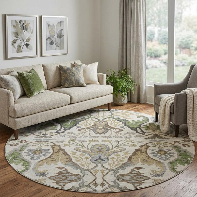 8' Ivory Olive Green And Brown Floral Washable Round Rug With UV Protection