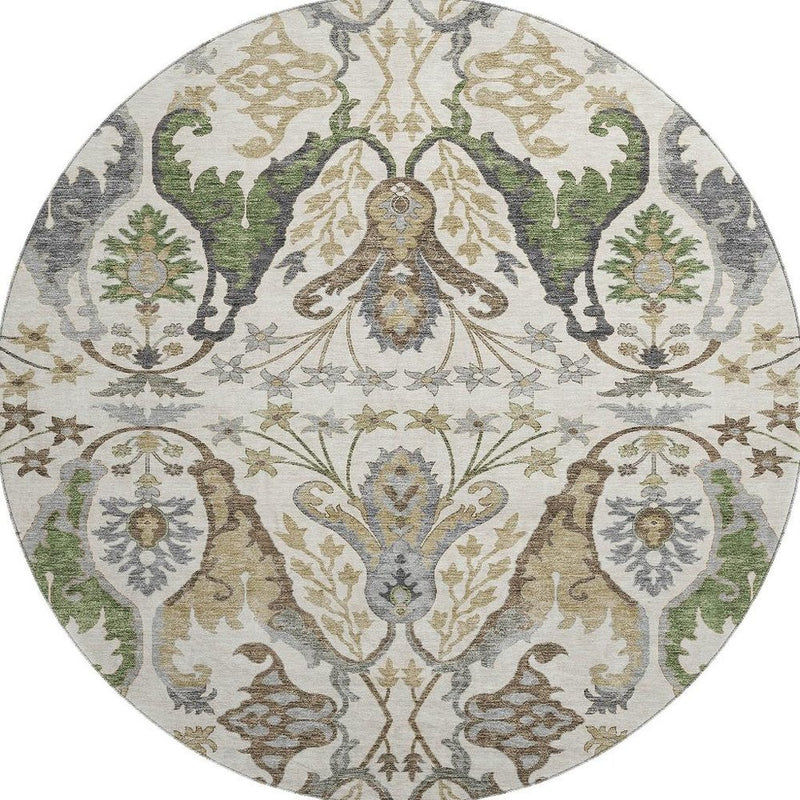 8' Ivory Olive Green And Brown Floral Washable Round Rug With UV Protection