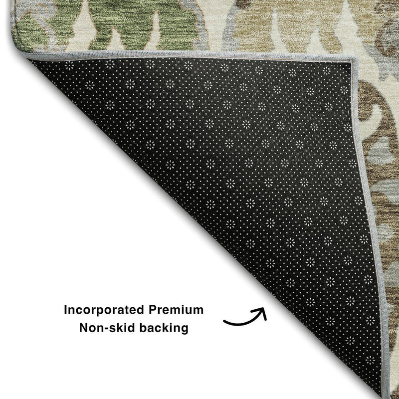 10' X 14' Ivory Olive Green And Brown Floral Washable Area Rug With UV Protection