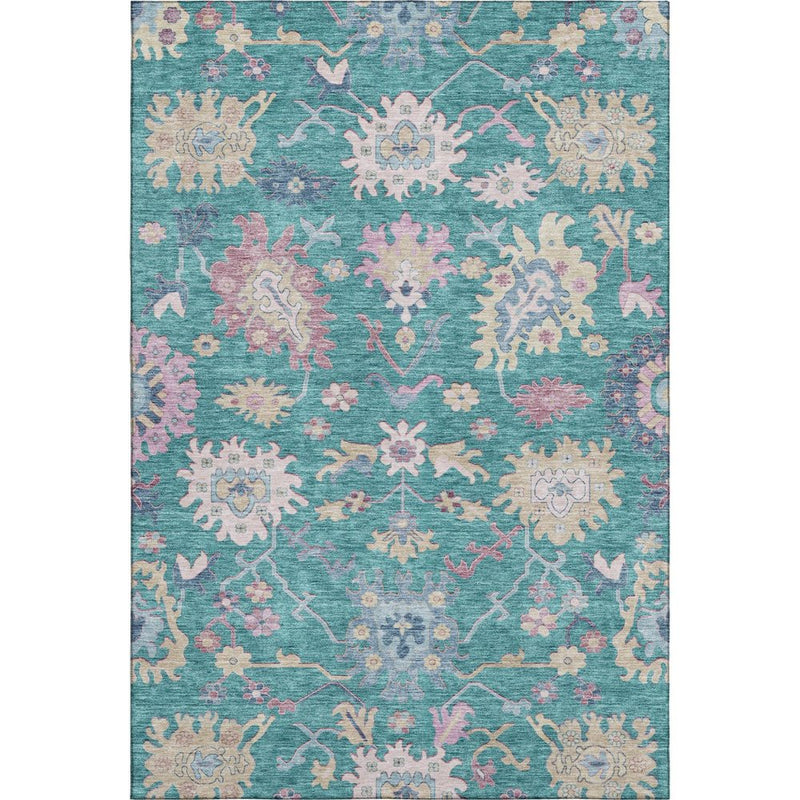 10' X 14' Teal Beige And Pink Floral Washable Area Rug With UV Protection