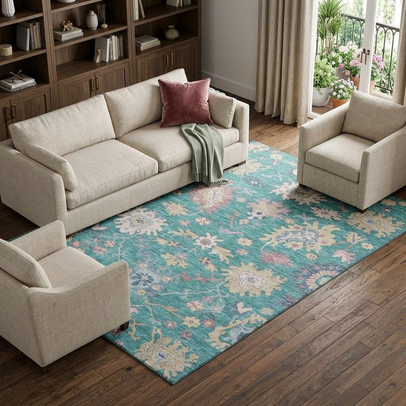 10' X 14' Teal Beige And Pink Floral Washable Area Rug With UV Protection