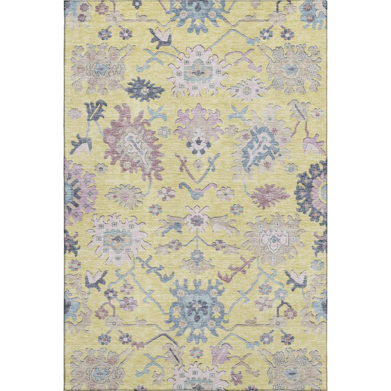 5' X 8' Yellow Blue And Blush Floral Washable Area Rug With UV Protection