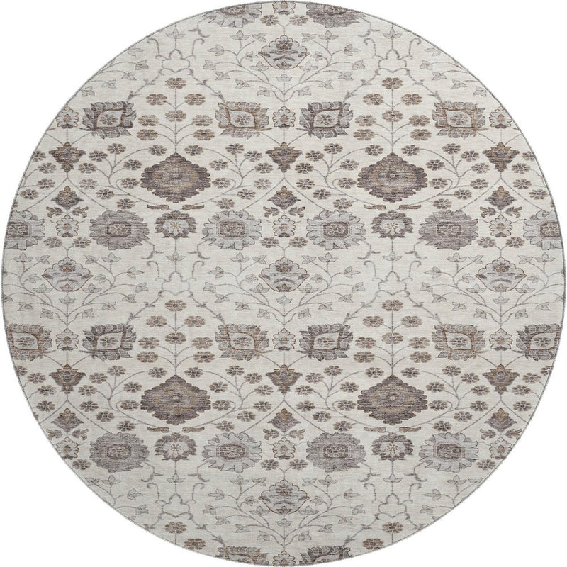 8' Ivory Brown And Gray Floral Washable Round Rug With UV Protection