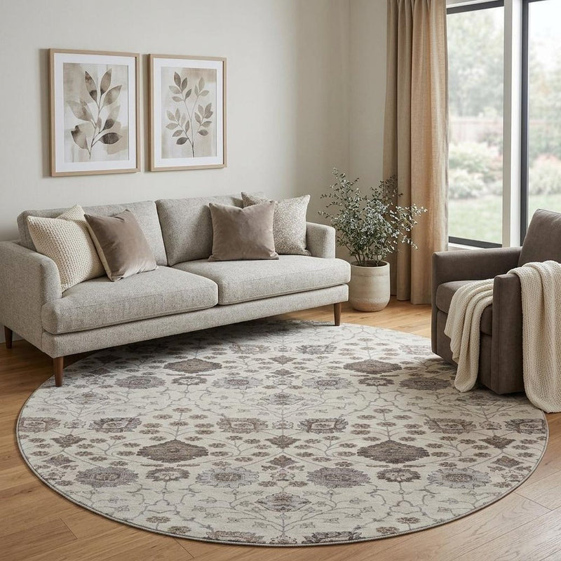8' Ivory Brown And Gray Floral Washable Round Rug With UV Protection