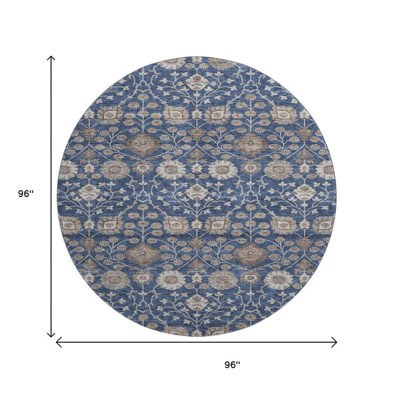 8' Navy Blue Brown And Beige Floral Washable Round Rug With UV Protection
