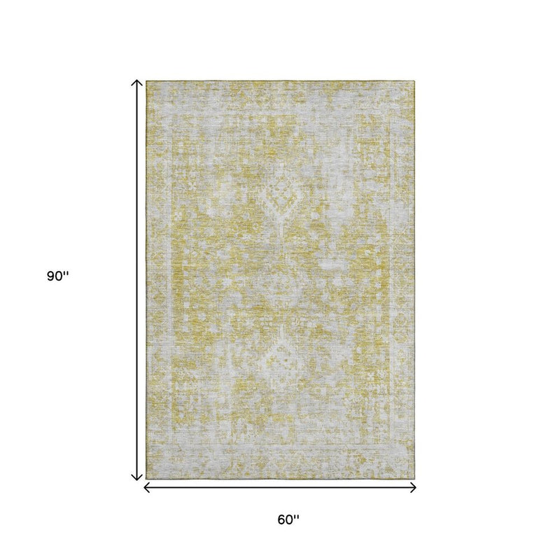 5' X 8' Gold And Silver Oriental Washable Area Rug With UV Protection